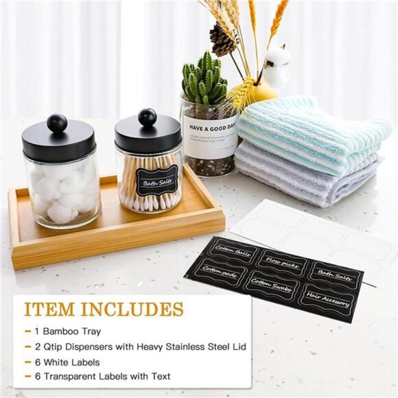 Glass Apothecary Jars with Lids Set, Glass Qtip Holder with Bamboo Tray, 2 Pack - Picture 3 of 6